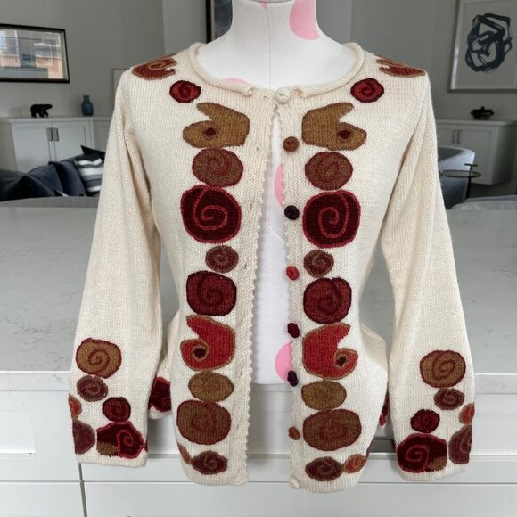 Quipu 100% Baby Alpaca Scoop Nk Knit Cardigan Funky Retro Vibes Cream Multi XS/S - Picture 2 of 12